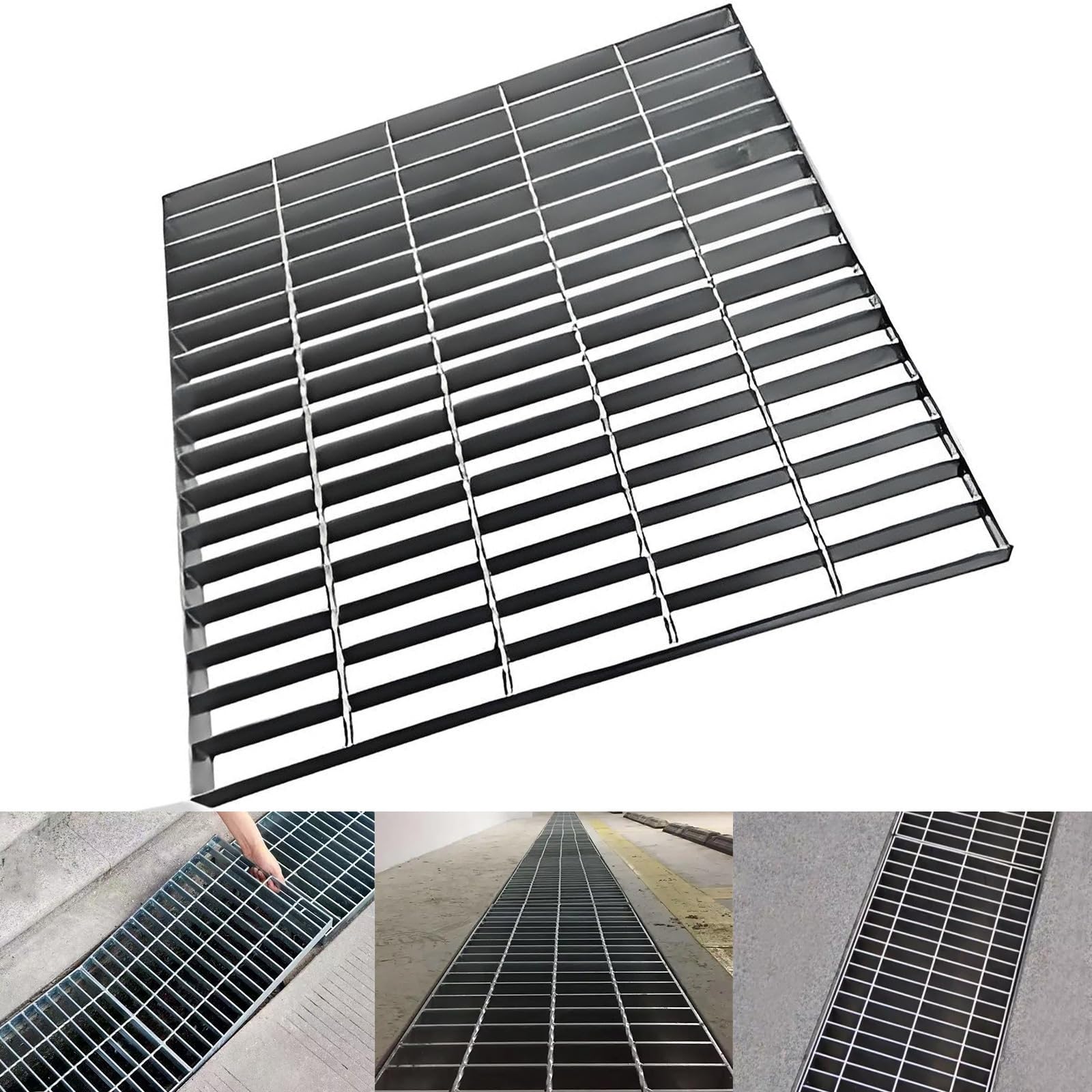 Griglia di scarico in acciaio zincato, 71 x 71 cm, antiruggine, classe B125, quadrata, per vialetto, patio, cortile, soluzione di drenaggio in metallo (argento)