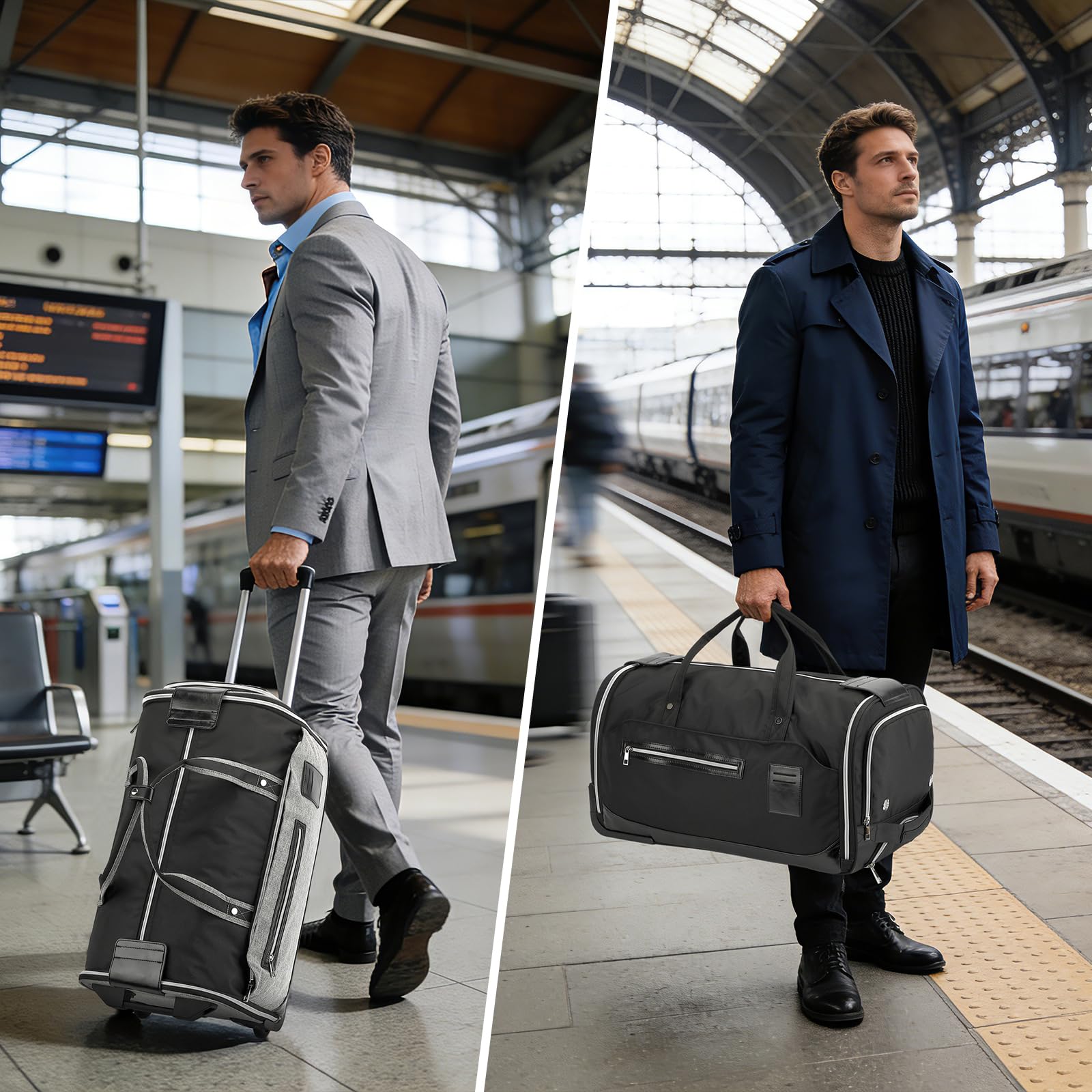 Housses Costume Voyage avec roulettes pour Homme 3 en 1 Convertible Sac à Vêtements Pliable à Roulette avec Compartiment Chaussures 55L Sac Week-End pour Les Voyages d’Affaires, Noir