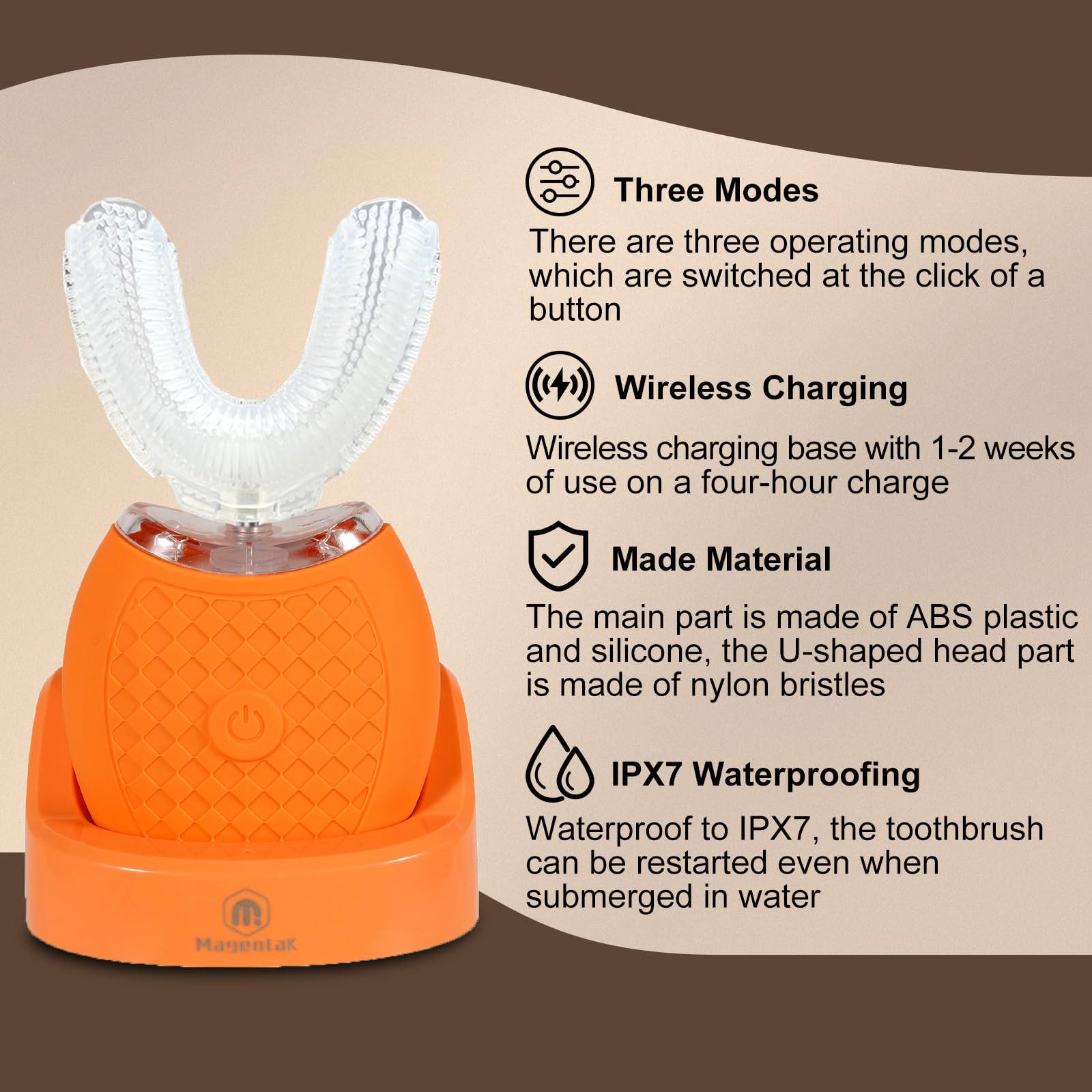 Spazzolino da denti elettrico ad ultrasuoni a forma di U per adulti, per sbiancamento dei denti, automatico a 360 gradi con impermeabilità IPX7, 4 modalità di pulizia (arancione)