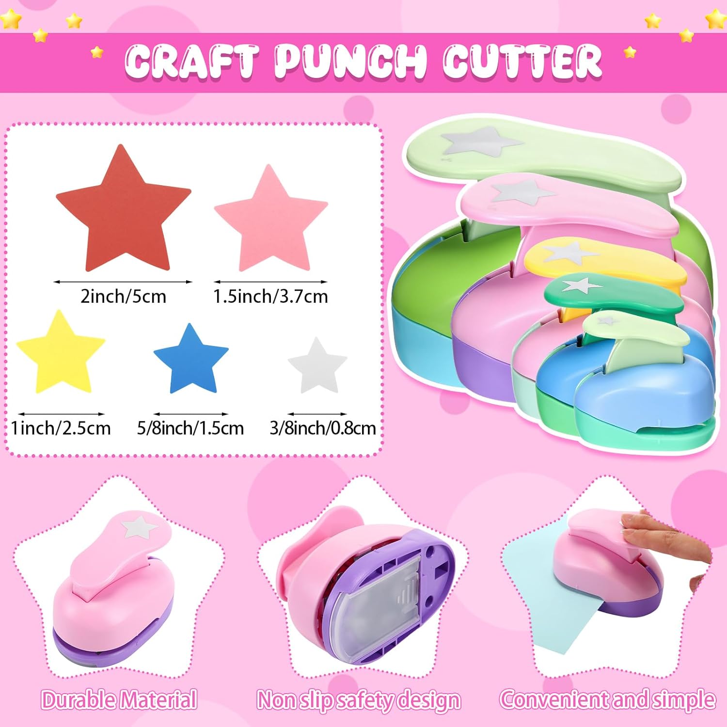 Zonon 5 Pieces 2" / 1.5" / 1" / 5/8" / 3/8" Star Shaped Punch Scrapbook Paper Cutter Crafts Puncher Handmade Craft Hole Punch for Office Supplies, Card Making, DIY Albums Photos(Star)