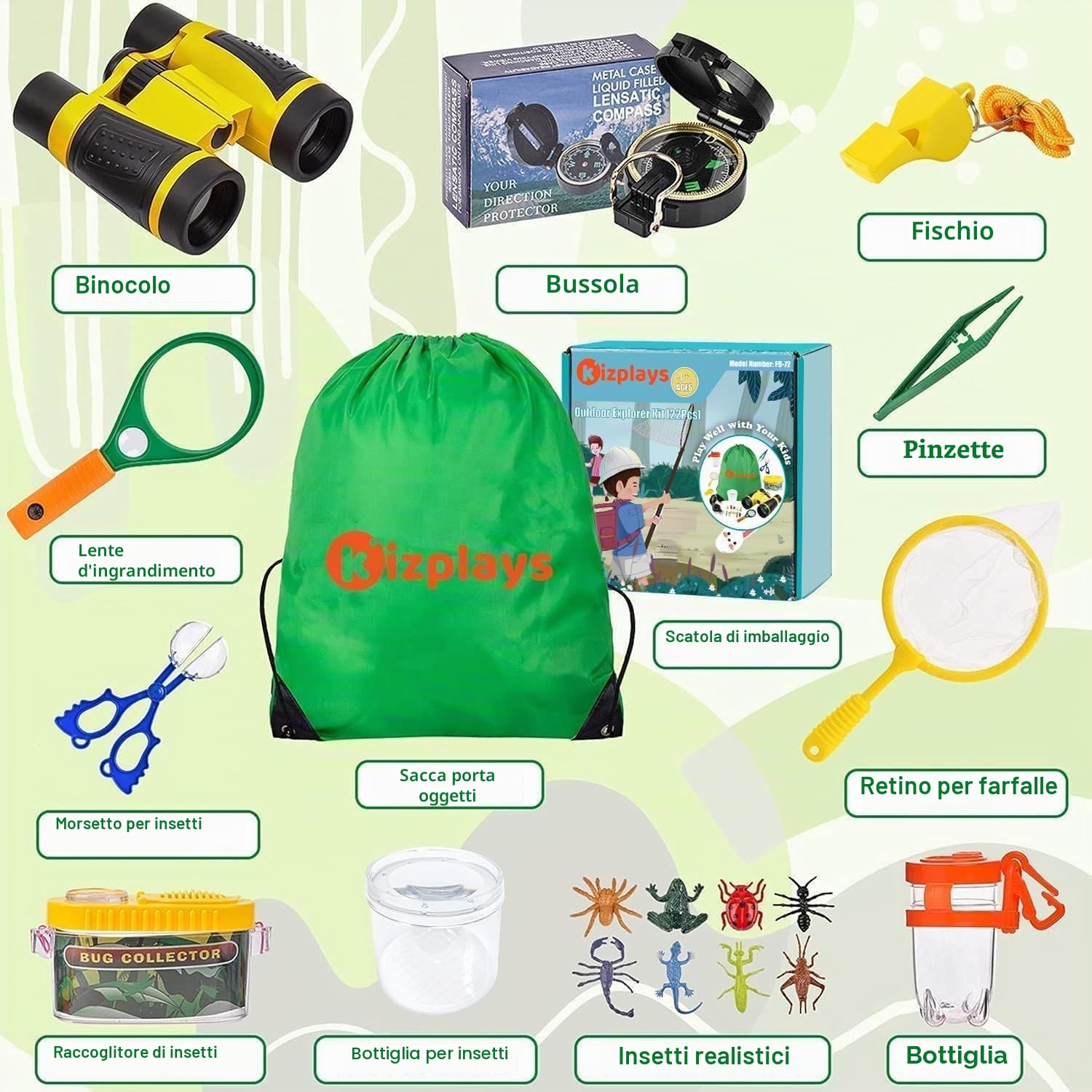 Kizplays Set Explorer Outdoor Giocattoli, Binocolo per Bambini Set Esploratore Avventuriero per Bambini 22 Pezzi con Pinzette Acchiappasetti Bussola Lente d'ingrandimento