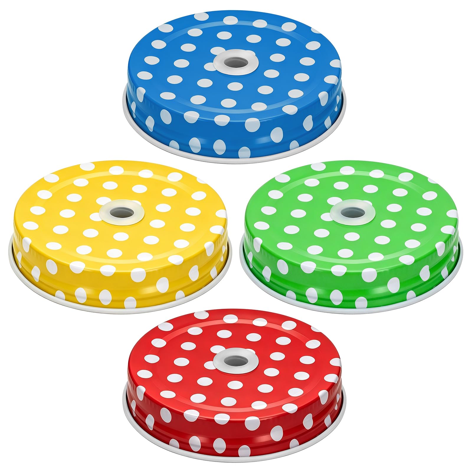 4 colors checkered Regular Mouth Mason Jar Straw Lids 2.7 Inch Metal Stainless Steel Mason Jar Drinking Lids with Straw Hole Leak Proof Dishwasher Safe (Dots)