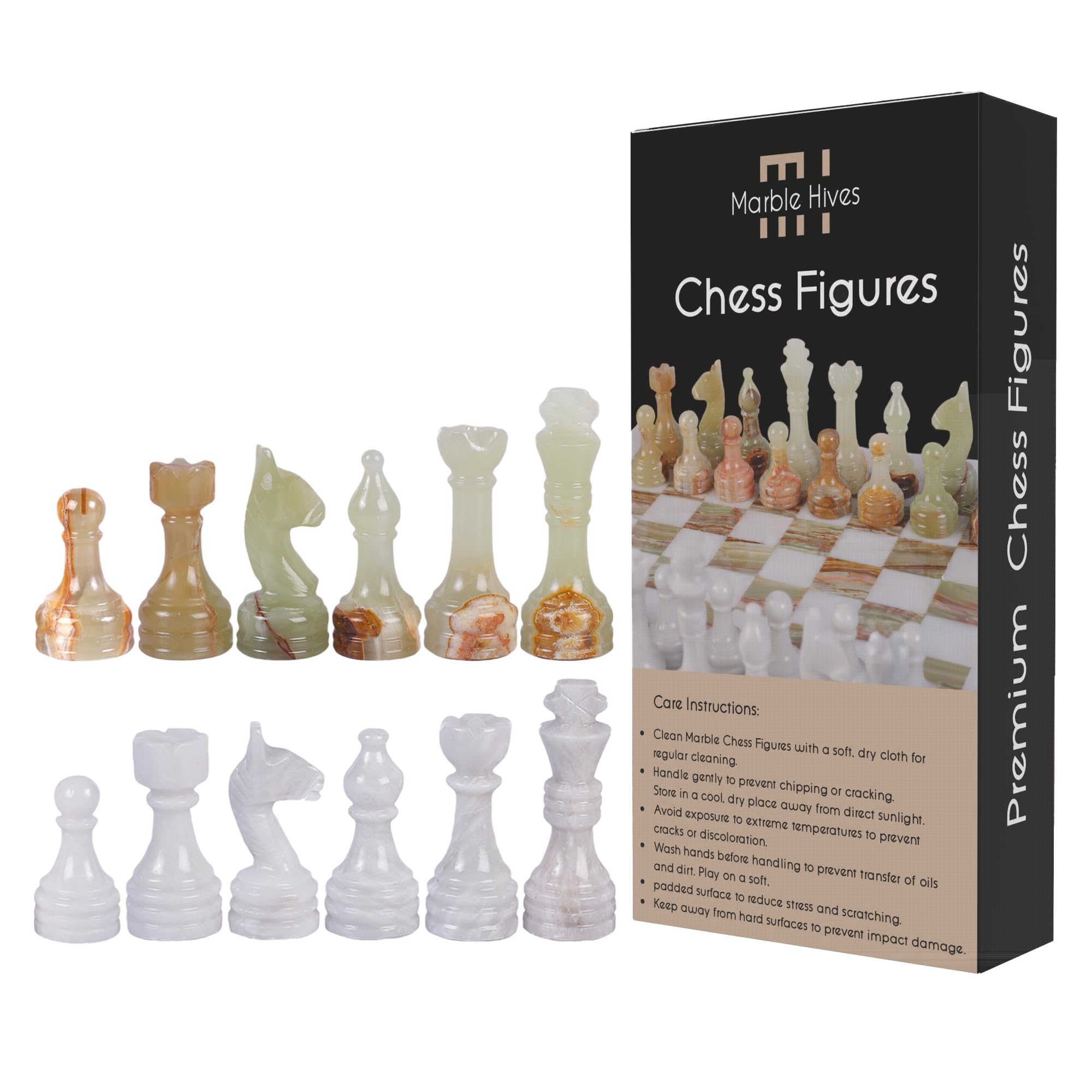 Marble Chess Pieces - Complete Set with Weighted Marble Pieces |16 X 16 Marble Chess Board Compatibility | Timeless Elegance in Chess Pieces Stone (White & Onyx Green)