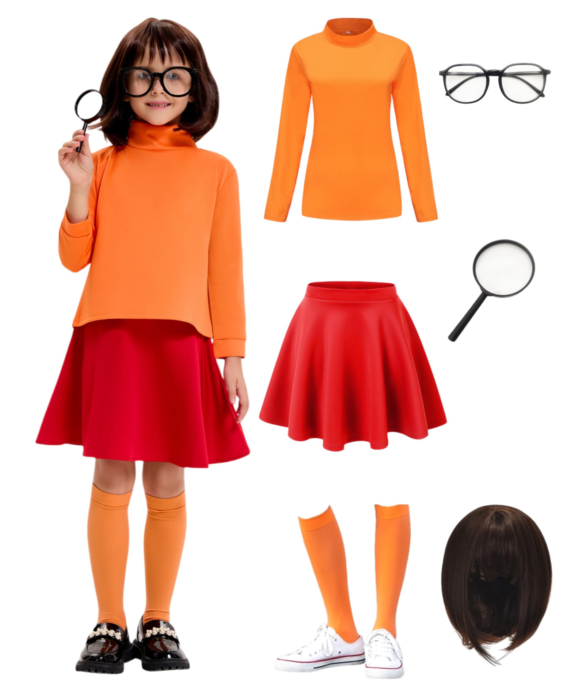 Oerinkend Halloween Costume for Girls - Deluxe Red Skirt Set with Wig, Magnifier Glasses, Socks & Accessories