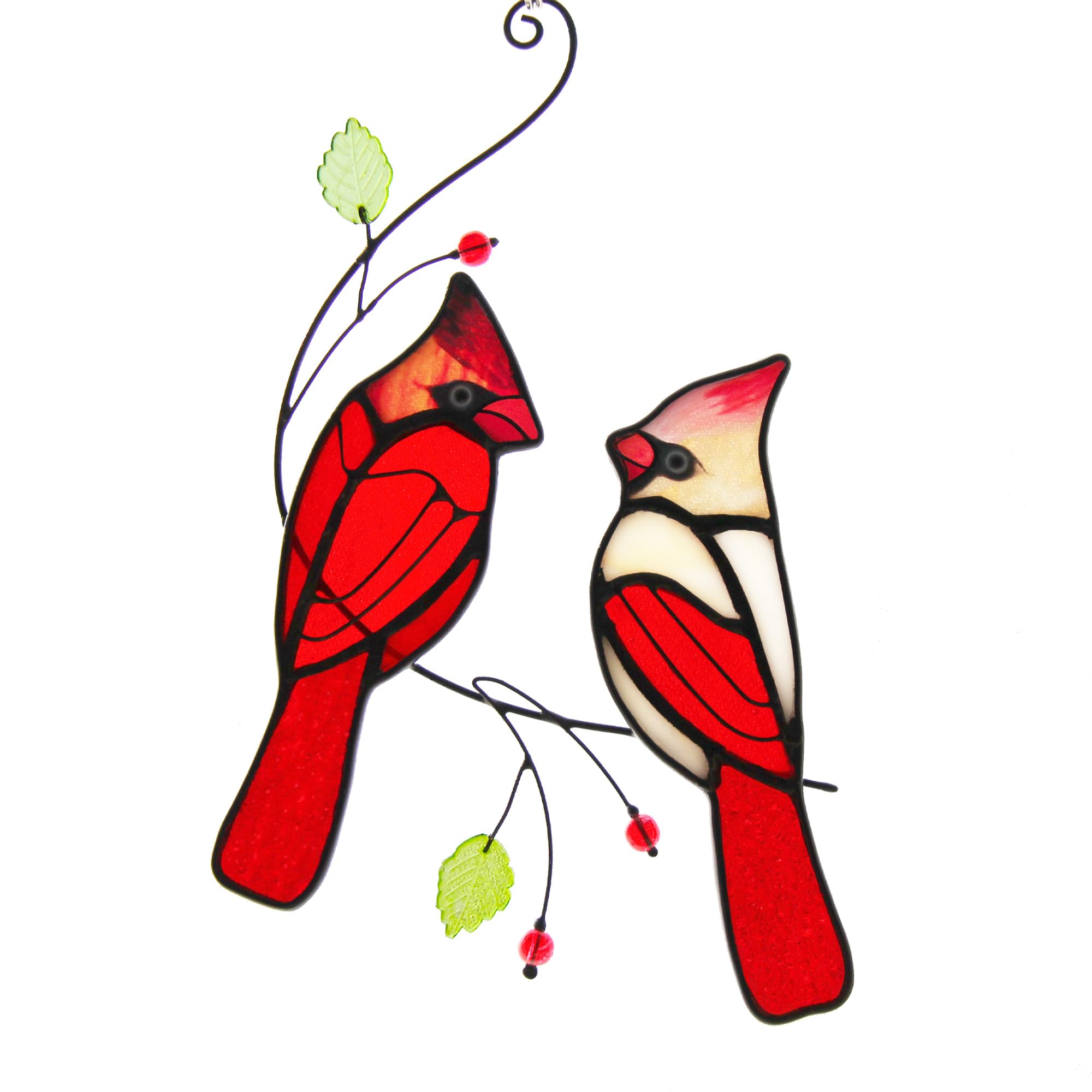 Bird Stained Glass Suncatcher Cardinals on Branch Window Hanging Ornament Panel Wall Decor Colorful Glass Leaves Plant Christmas Thanksgiving Gift for Women 9” * 5.5”