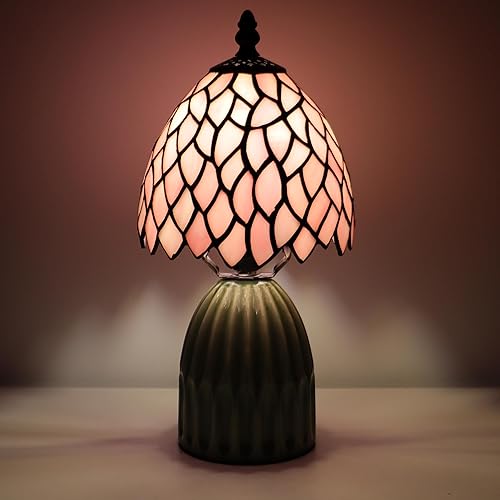Miniatura 5 de Tiffany Lamp Stained Glass Mushroom Table Lamps 6X6X12.5 Inch Pink Leaf Style Small Night Light Ceramic Base Mini Accent Desk Light Suitable for