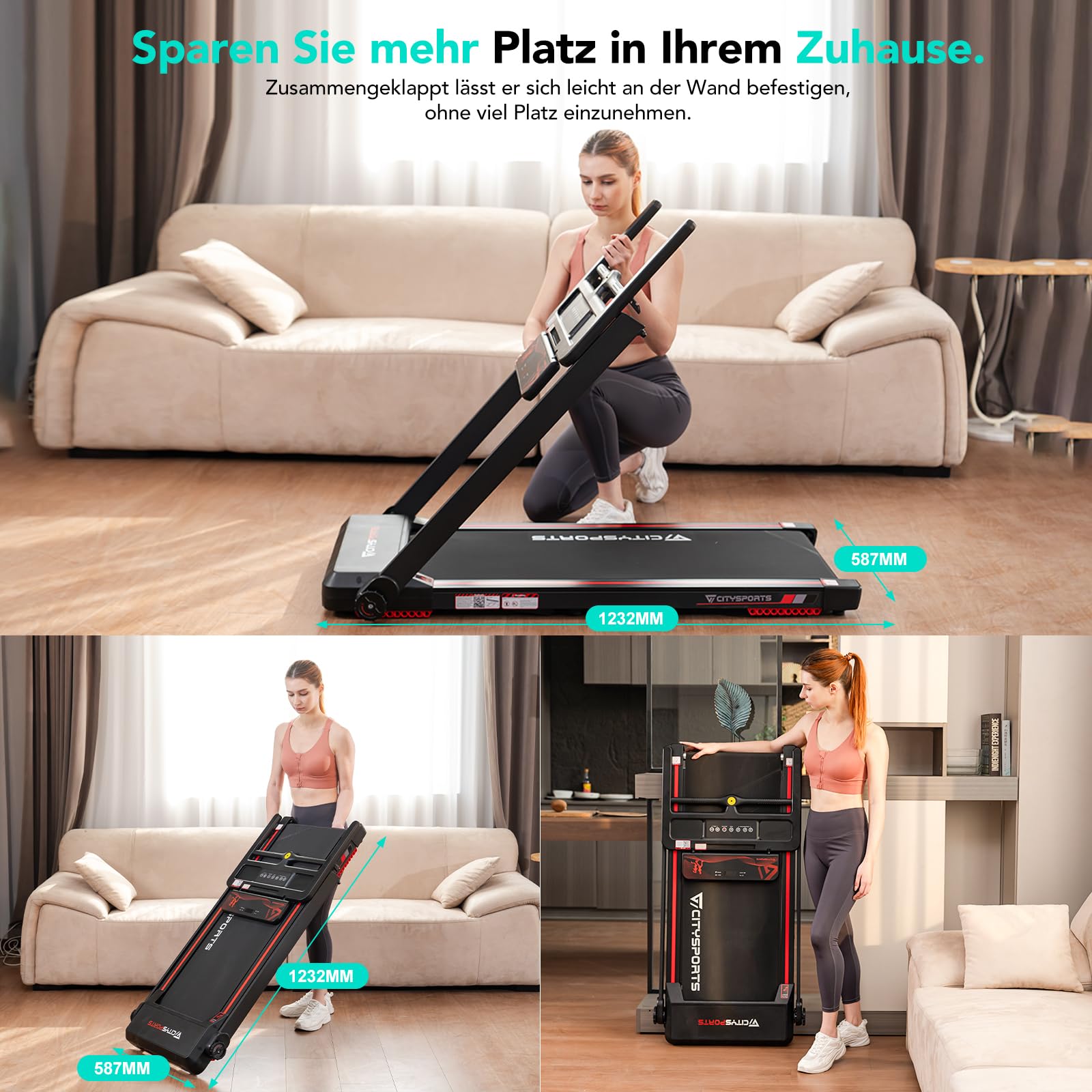 CITYSPORTS Elektrisches Laufband,Klappbares Laufband für Zuhause bis 12 km/h,mit LED-Anzeige,APP und 360° Tablet Holder,kompakte Walking Pad für Zuhause und Büro