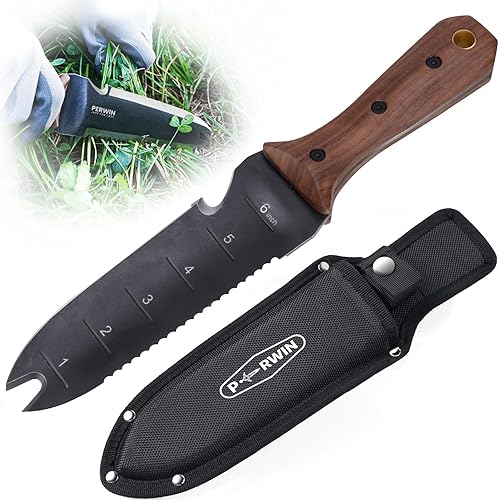 PERWIN Hori Hori - Cuchillo de jardín, herramientas de jardín con funda para desmalezar, plantar, excavar, hoja de acero inoxidable de 7 pulgadas