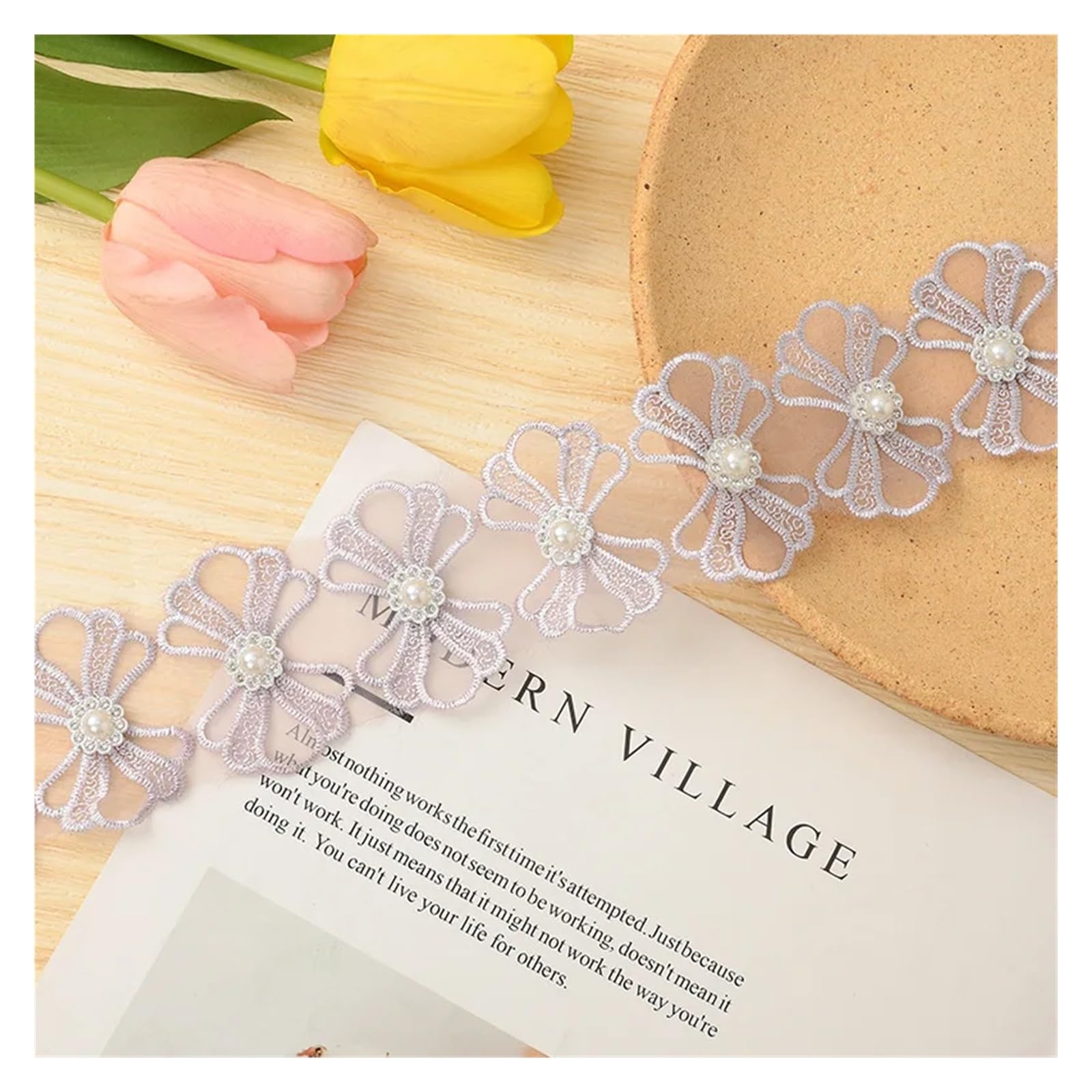 Cinta De Encaje Adorno de encaje bordado de 4 cm con lazos 3D de diamantes de imitación y perlas - 20 yardas for ropa, manualidades y decoración del hogar(Grey)