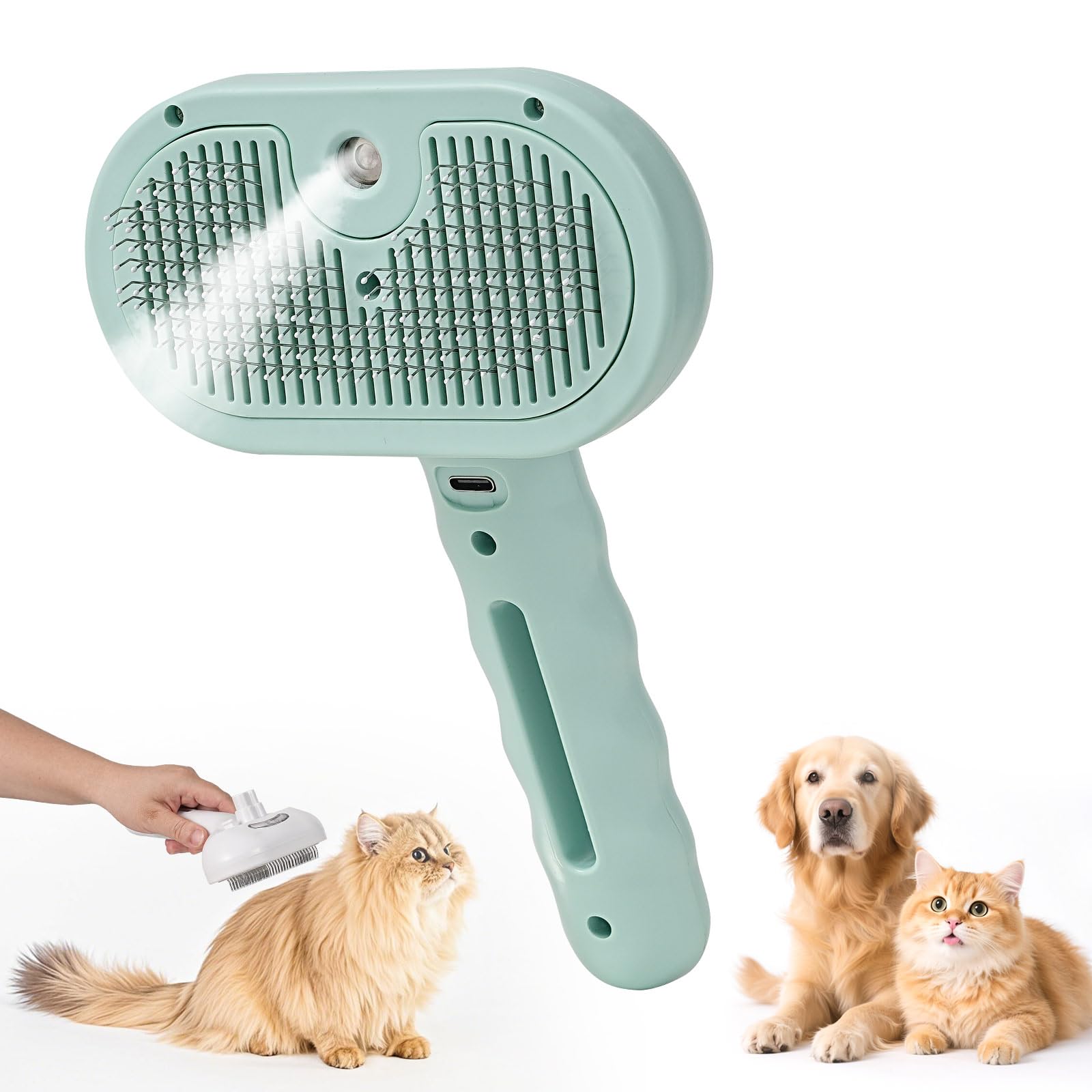 Pet Steam Brush - Three in One Dog Steam Grooming Brush, Hair Removal Deshedding, Magic Wand for Pet Hair, Hairdressing Spray Massage Cat Grooming Comb, Green