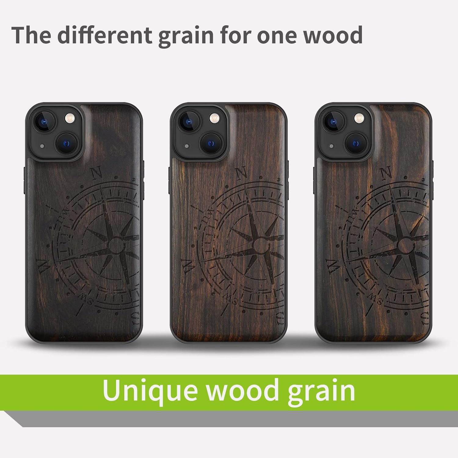Carveit Magnetic Wood Case for iPhone 13 Case [Hard Real Wood & Soft TPU] Unique & Classy Wooden Shockproof Hybrid Protective Cover Compatible with MagSafe (Vintage Compass Carving-Blackwood)