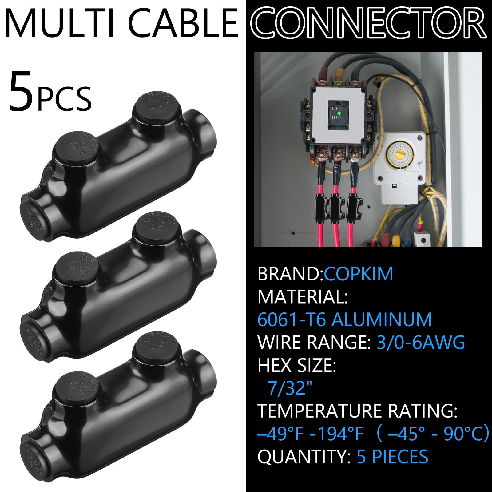 Copkim 5 conectores de cable aislados, conector de empalme negro, 2 puertos, terminales de soldadura de cable múltiple, empalmadores de cable de entrada de doble cara con inhibidor de óxido (rango de