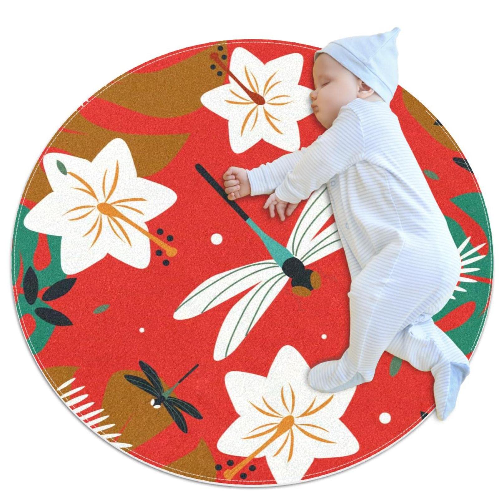Tapis rond libellule JDEZ 100cm antidérapant et lavable pour buanderie