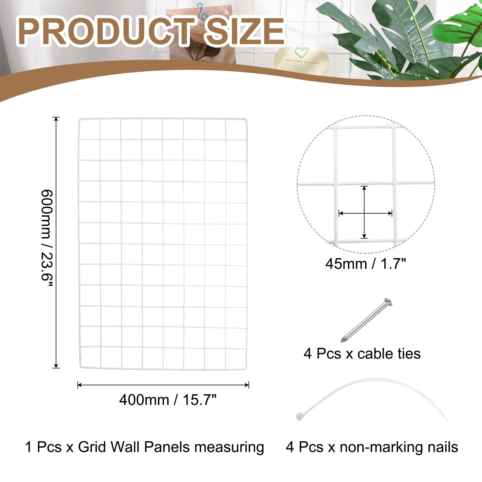 sourcing map Gitter-Wandpaneele, 60 x 40 cm, Drahtgitter-Panel, Foto-Displayhalter, Hängerahmen, Wandaufbewahrung, Organizer mit Kabelbindern, Nägeln für Zuhause, Büro, Bilder, Dekoration, Weiß