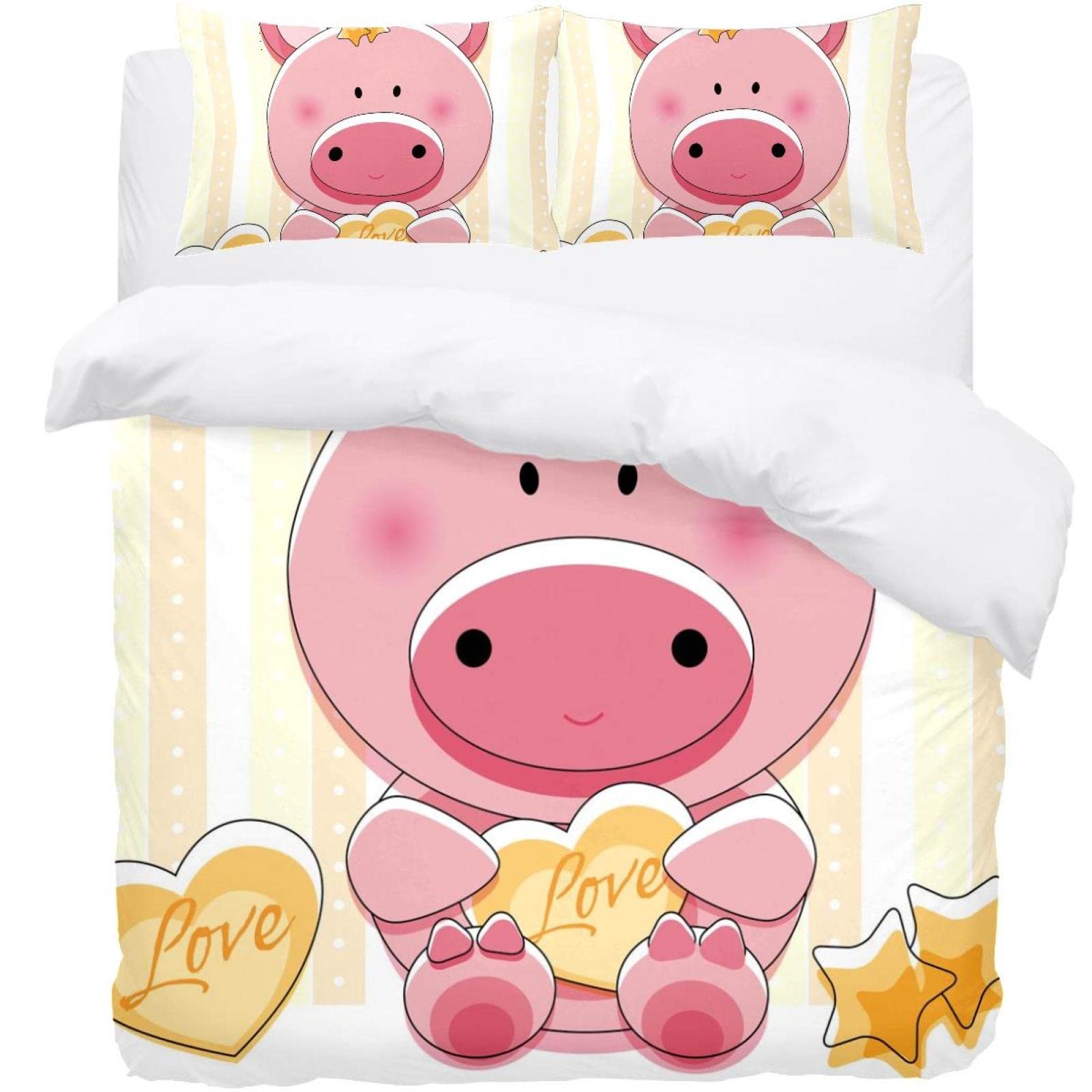 Parure de lit simple avec housse de couette cochon rose et 2 taies d'oreiller