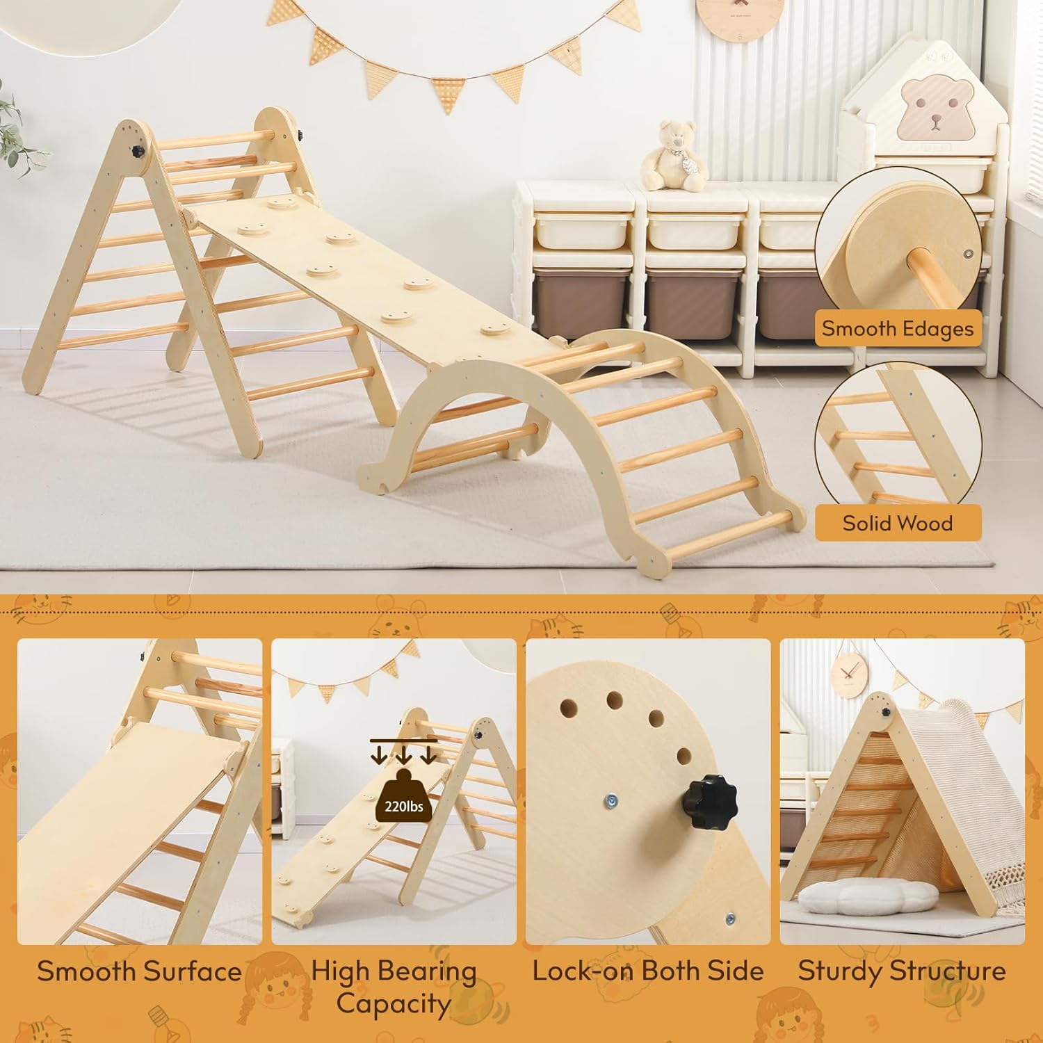 Wooden Pikler Triangle Set - 7 in 1 Montessori Foldable Toddler Climbing Toys for Early Learning - Includes Arch, Ramp, and Climbing Triangle - Indoor/Outdoor Playground Equipment for Toddlers