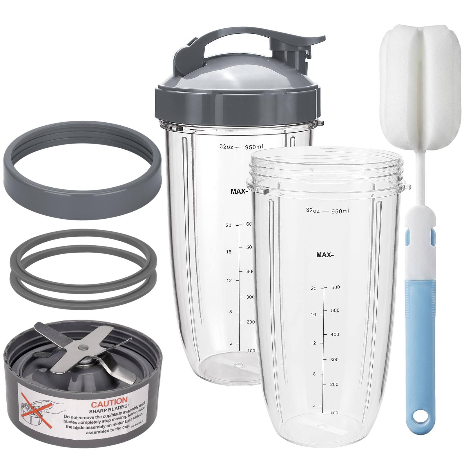 Blender Cups Replacement Parts Compatible with Nutribullet Blender 600W and Pro 900W: 2-Pack 32 oz Cups, 1 Extractor Blade Assembly, 1 Flip-Top To-Go Lid & 1 Lid Ring, Replacement Cups & Blade Set
