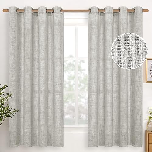 YoungsTex Cortinas de lino de 63 pulgadas de largo para sala de estar corta, cortinas de lino gris claro con ojales de bronce, cortinas de ventana