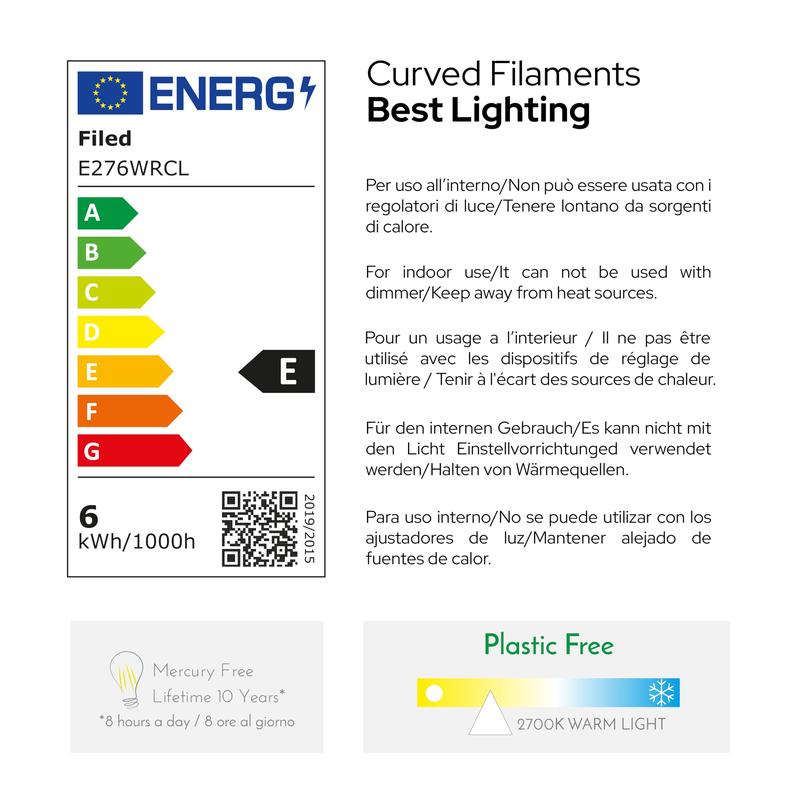 Lampadina Goccia 6W Pari a 60W, E27, Vetro Trasparente, 2700K Luce Calda, Filamento Curvo, 780 Lumen, Pack 10 Pezzi