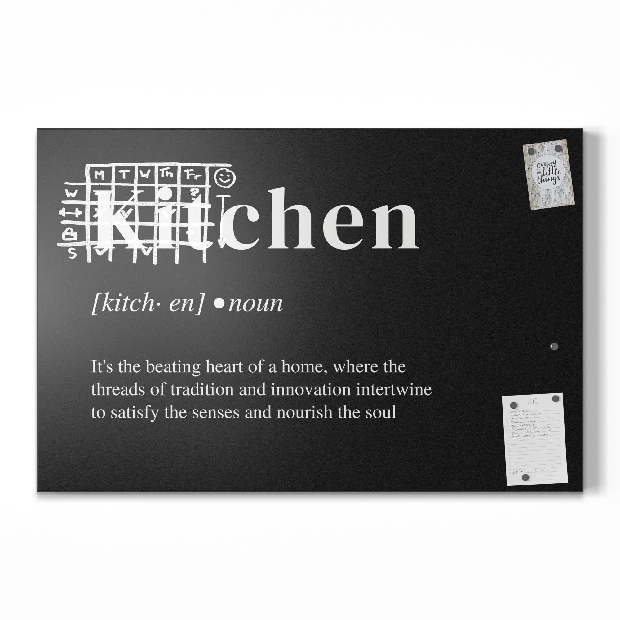 DEQORI Magnetische Kreidetafel mit UV-Druck | Motiv Küchen Statement | Design rechteckig 90x60 cm | Kreide Metalltafel beschreibbar – Wanddeko für Küche, Flur, Kinderzimmer & Büro