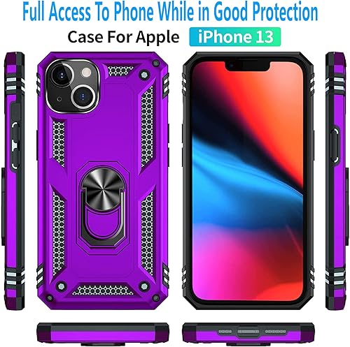 Miniatura 3 de Funda para iPhone 13, con protector de pantalla de vidrio templado incluido grado militar de 12 pies a prueba de golpes, anillo de metal a prueba de