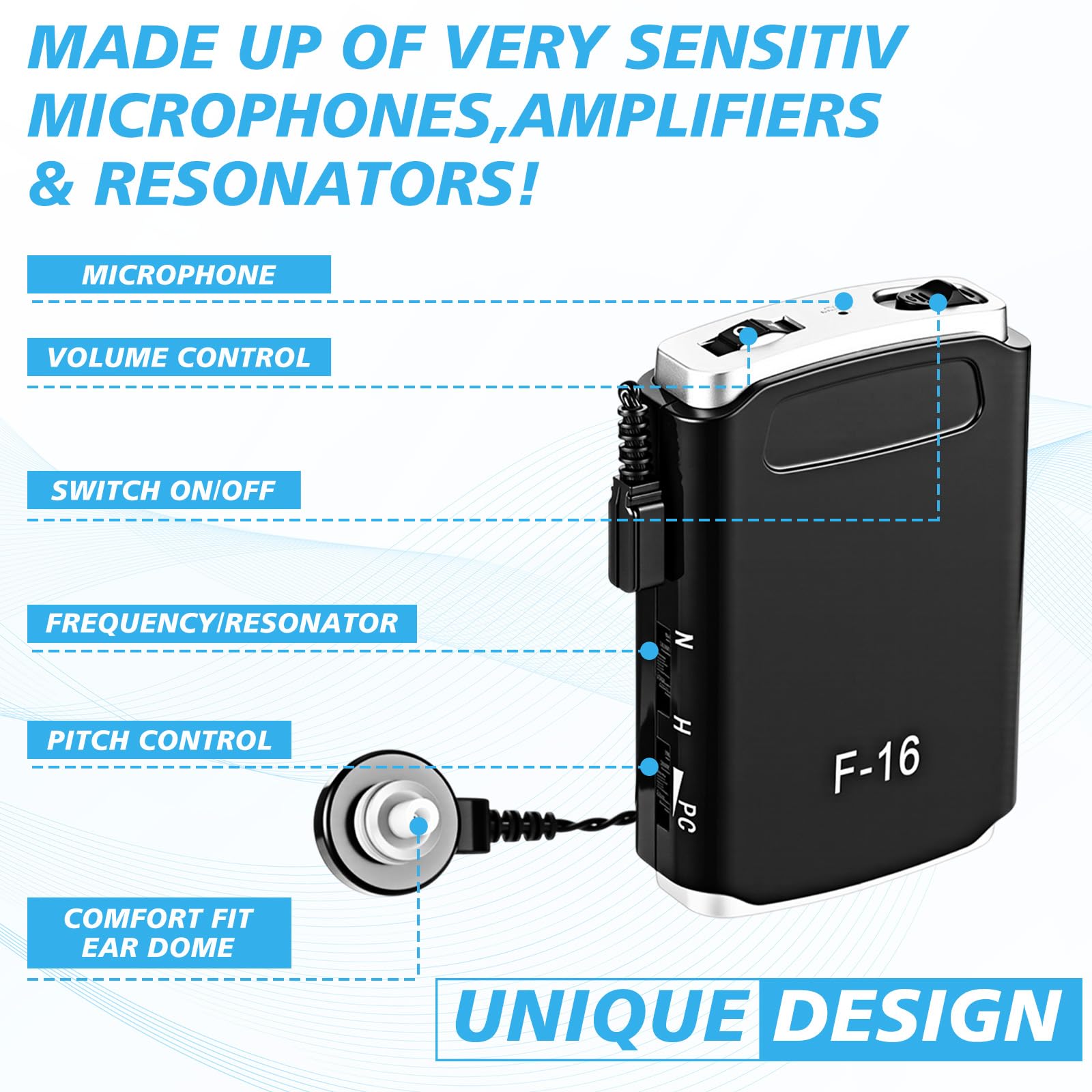 Geiserailie Paquete de 4 amplificadores auditivos personales, amplificador de sonido, dispositivo de mejora de la audición de voz con 8 niveles de volumen y auriculares para personas mayores, ganancia
