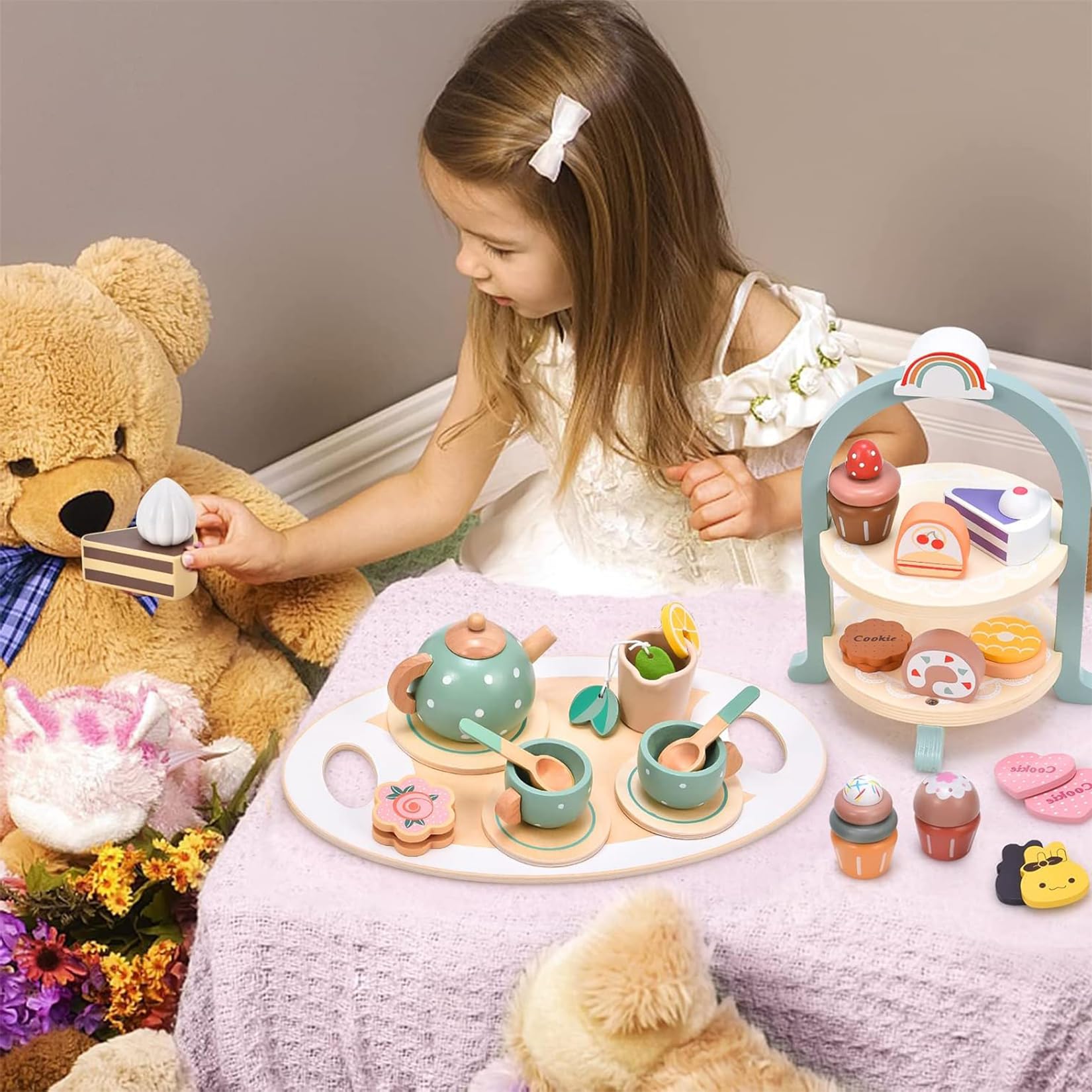 Service à Thé En Bois Pour Enfant Mailfull - Dinette Jeu De Rôle - 15 Pièces - Cadeau 2-4 Ans