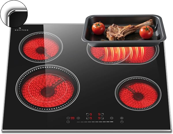 Electric Hob 60cm, 4 Zone Ceramic Hob 6600W, Built-in 60cm Electric Ceramic Hob with Oval Zond and Double-ring burner, 99 Mins Timer, No Plug - 1