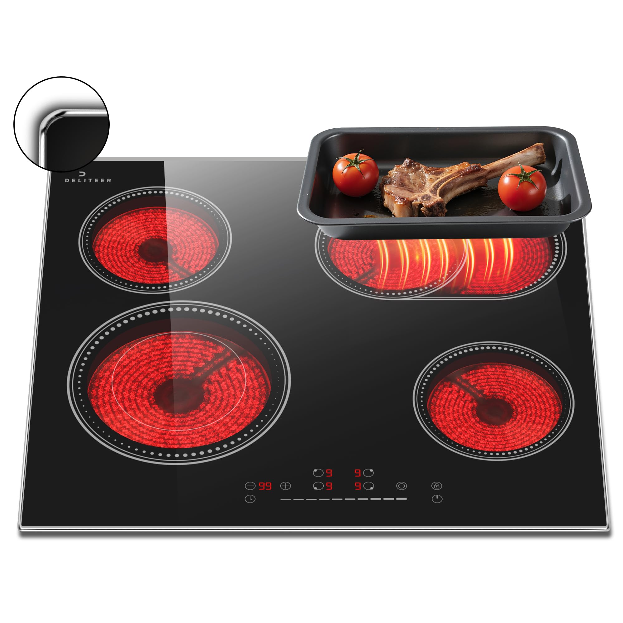 Glaskeramikkochfeld 4 Platten mit Rahmen, Kochfeld Autark, mit Ovaler und Doppelter Zone, Schieberegler Touch, Sicherheitsschloss, Metallrahmen Schutzglas, Kein Stecker, 6600W, 230V