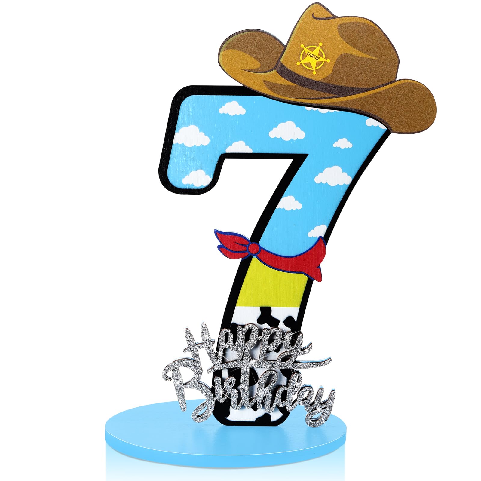Vercraft Toy Theme 7th Birthday Party Number Centerpiece 11.8 Inch Cartoon Party Number Sign Blue Sky and White Cloud Cow Birthday Sign for Boy and Girl Party Decor
