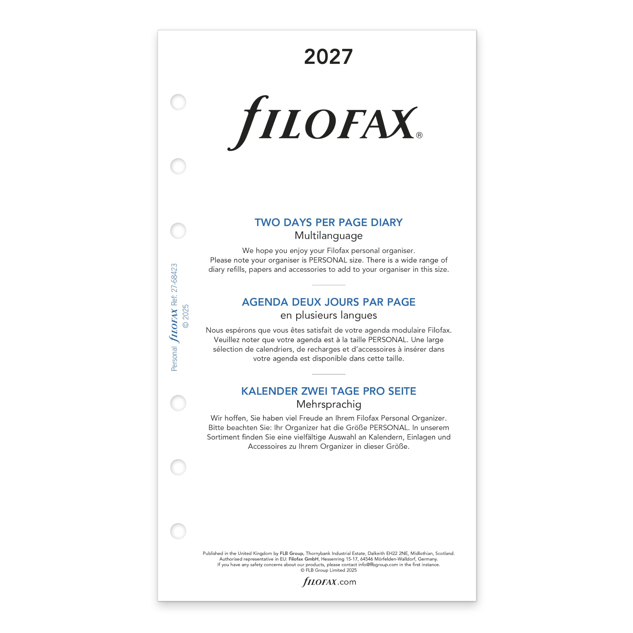 Filofax Recharge pour agenda 2027 format personnel/compact, deux jours sur une page, papier blanc, non ligné, trilingue (C68423-27)