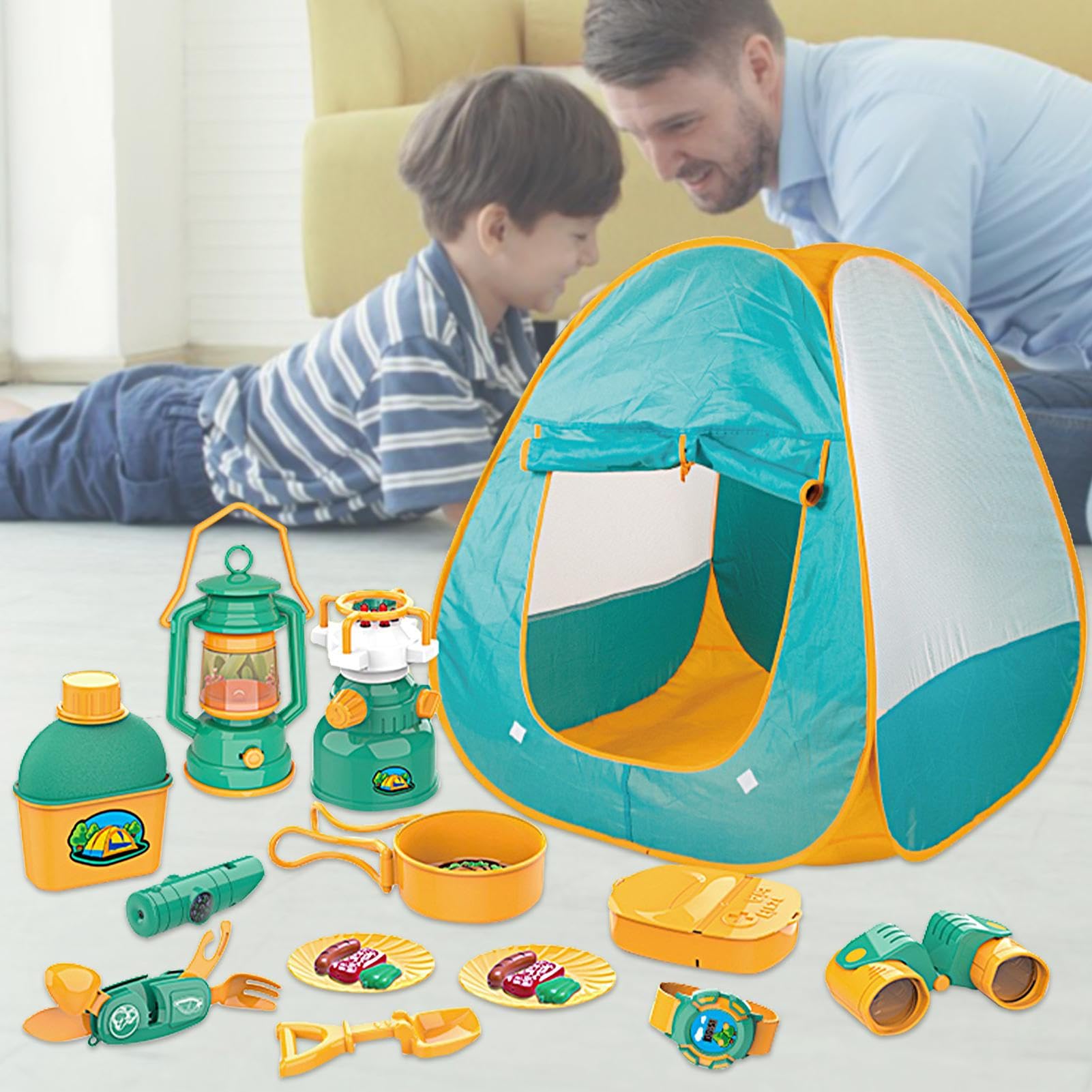 Set tenda da campeggio Giocattoli per bambini Set di 21 include tenda da, | Include tenda da campeggio per bambini, falò, lampada a olio, cibo finto per