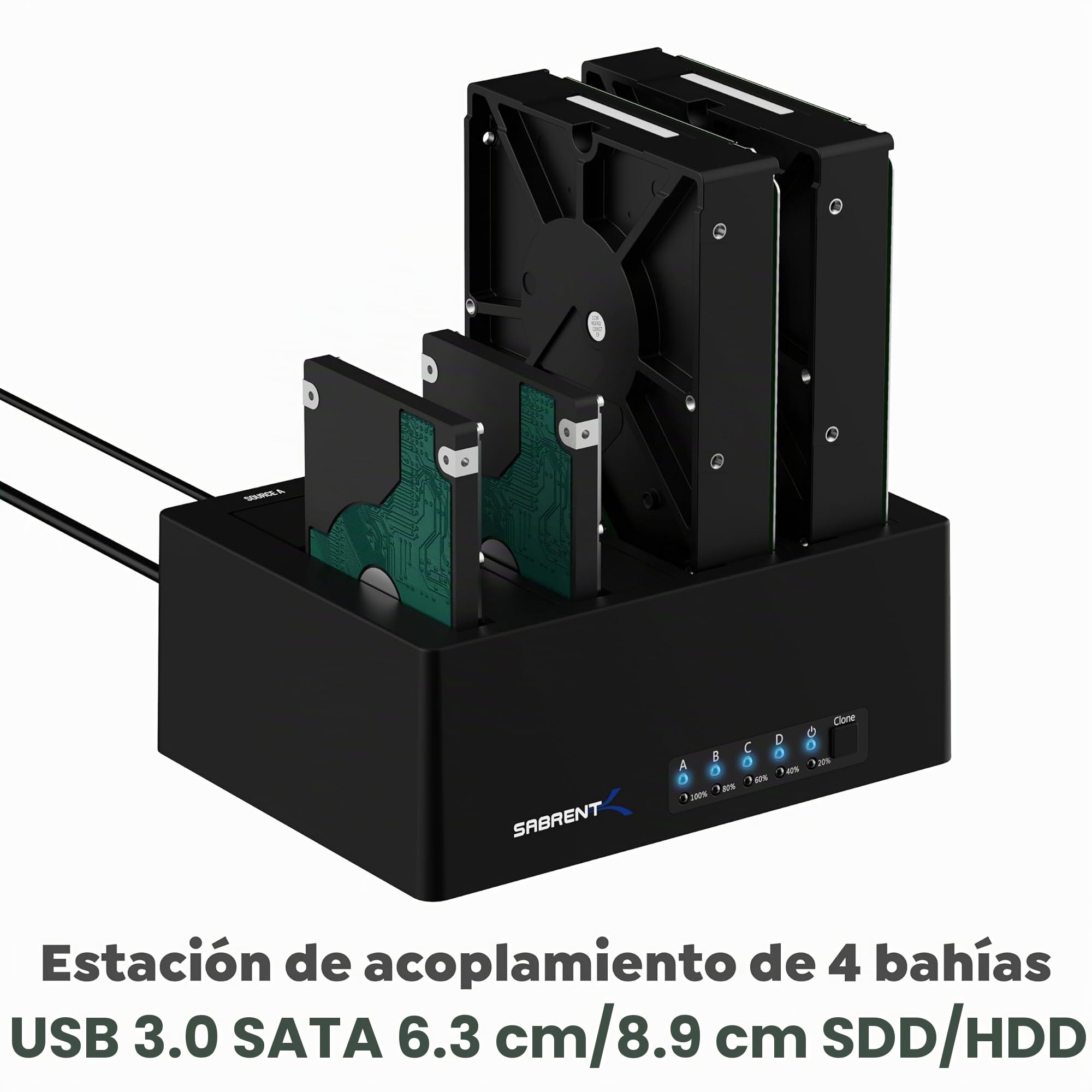 SABRENT SSD Disco Duro/HDD estación de Acoplamiento de 3,5" | para SATA SSD 1TB, 2TB, 4TB, HDD 8TB hasta 22TB (4 Bahías)| Carcasa de Alta Velocidad USB 3.1 | Instalación sin Herramientas [DS-U3B4] | Para SATA SSD 1TB, 2TB, 4TB, HDD 8TB Hasta 22TB (4 Bahía