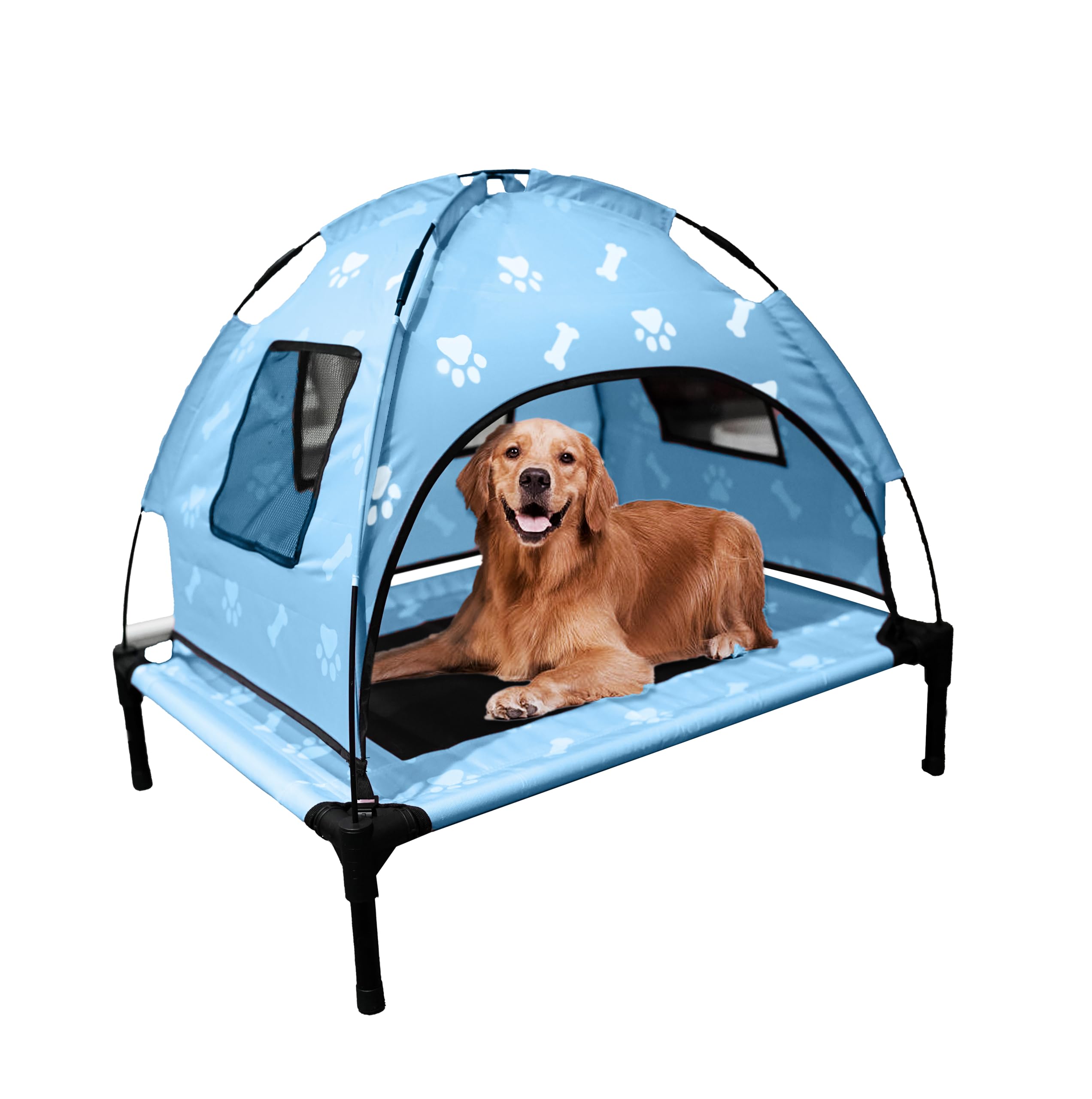 Elevated Covered Dog Bed - 36" x 36" x 30" - Dog Shade Canopy Lounger for Small & Large Dogs (Up to 110 lbs) - Portable & Durable - Cooling, UV & Water Resistant with Mesh Windows - Pastel Blue
