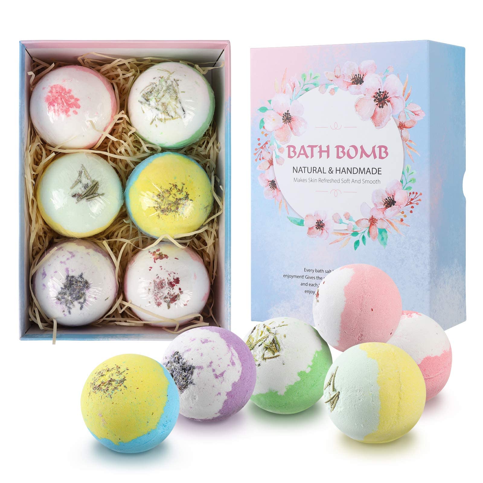 Christmas Bath Bombs for Kids Bath Bomb Gift Set for Women 6Pcs Floral Bubble Bath Organic Bath Bombs with Extract Essential Oil & Sea Salt to Moisturize Skin, Handmade Fizzy Spa Bath Gift Kit