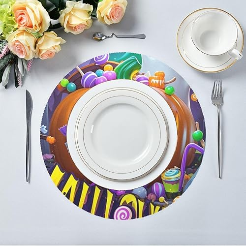 Miniatura 5 de Mantel individual de calabaza naranja malvada para Halloween, mesa redonda, de arpillera, reutilizable, para mesa de comedor, 15.4 x 15.4 pulgadas,