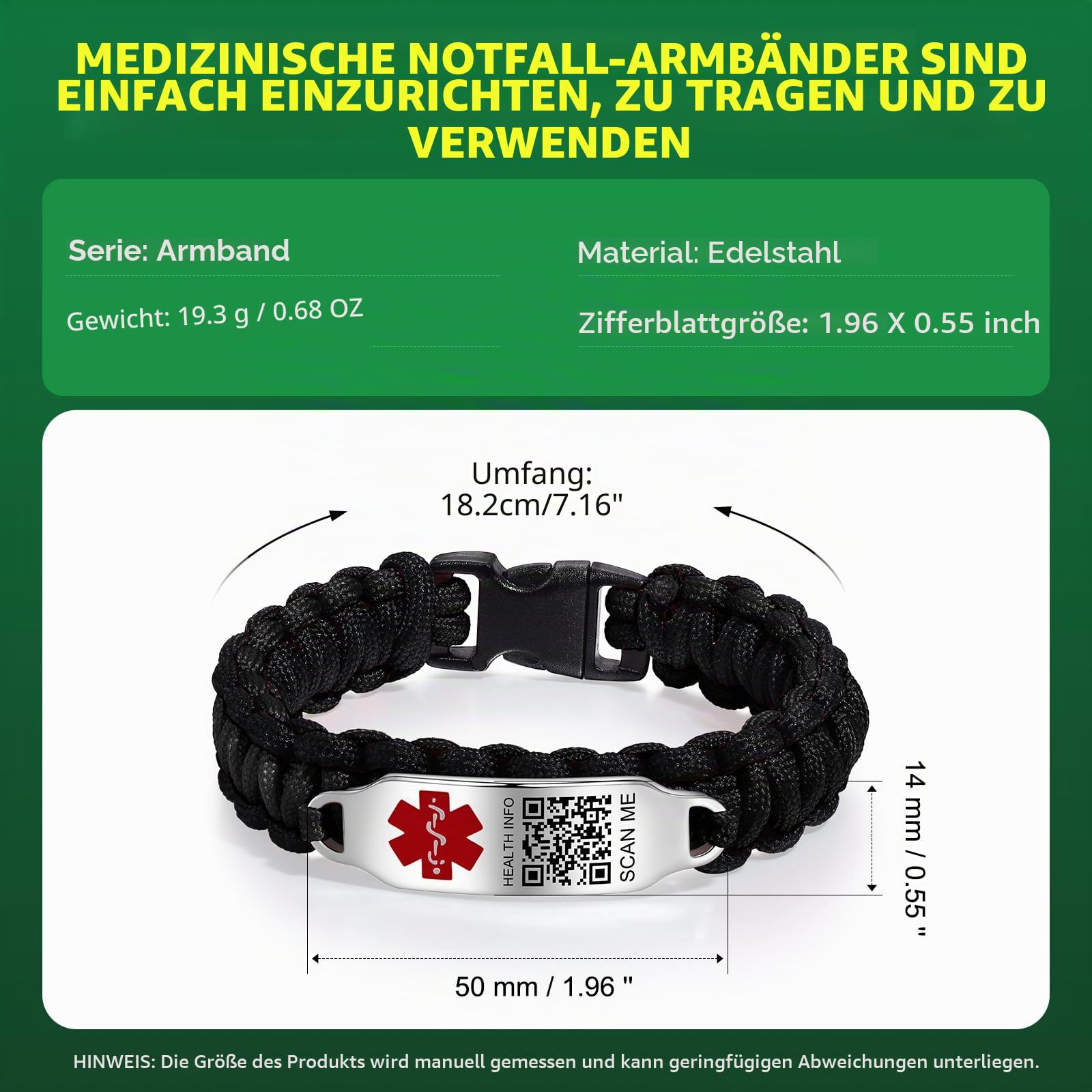 Medizinische Armbänder für Sport, Männer und Frauen, mit QR-Code, medizinische Notfall-ID-Armbänder – Nylon, wasserdichtes Armband für Handgelenke bis zu 17,8 cm – mehr Platz,