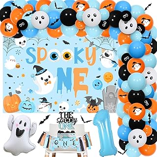 Halloween 1st Birthday Party Decoration for Boys, Spooky One Backdrop One High Chair Banner Halloween Balloons Garland Kit The Spooky One Cake Topper Ghost One Foil Balloon Bat Wall Sticker