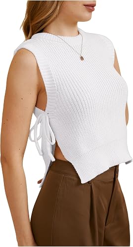 MakeMeChic Women's Tie Side Sweater Vest Tops Split Hem Knitted Sleeveless Crew 