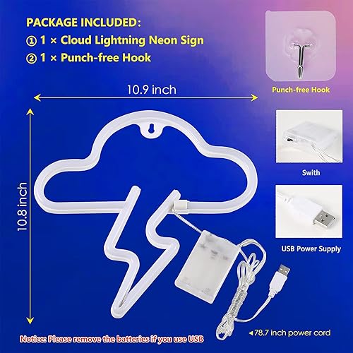 Miniatura 2 de Letrero de neón LED de nube y relámpagos para decoración de pared, luz de neón colgante con batería o USB, luces de neón para dormitorio, estética,