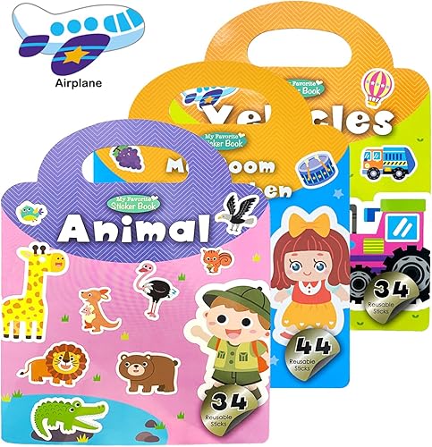 Juego de 3 calcomanías reutilizables para niños de 2 a 4 años, libros de calcomanías de actividades de aprendizaje preescolar, calcomanías de