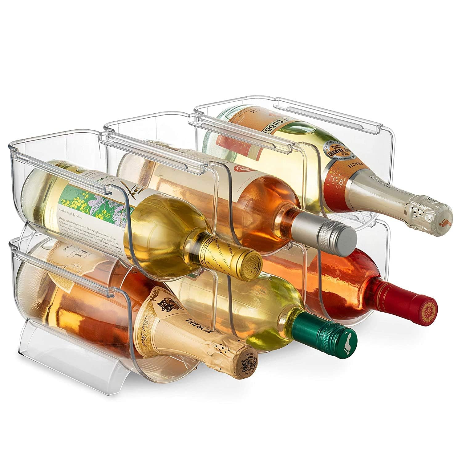 ASMIZ Set of 6 Wine and Water Bottle Organizer, Stackable Acrylic Wine Rack Holder for Fridge, Pantry, Kitchen, Ideal Storage for Wine, Soda, Pop and Beer, Clear