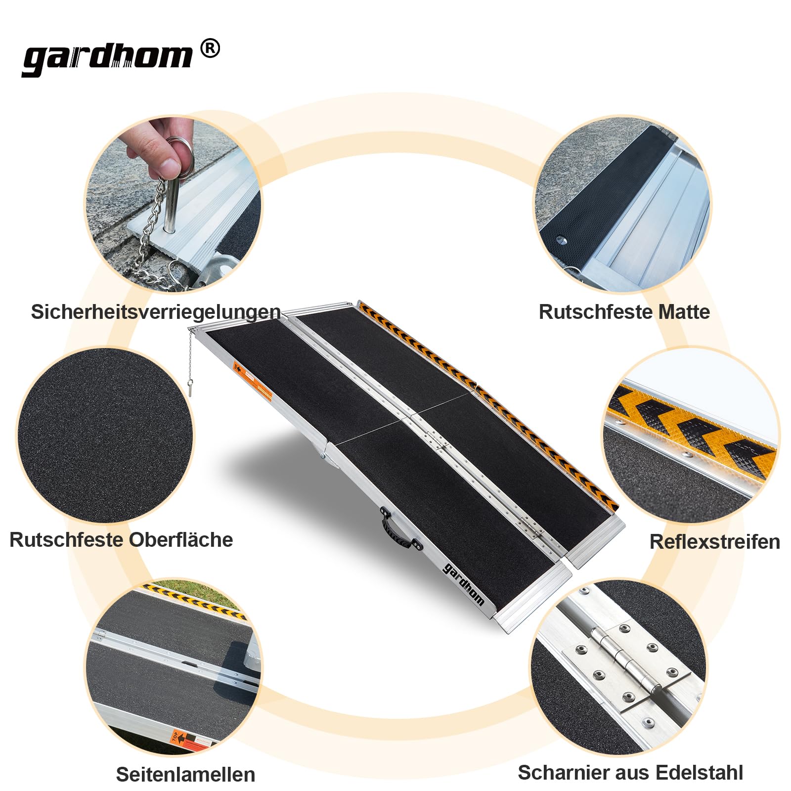 Rollstuhlrampe 152CM, gardhom Max. 362KG Ladekapazität Anti-Rutsch Alu Klapprampe für Rollstuhlfahrer oder Rollator, Schwellenrampe für Heimtreppen Treppen Türen Mobilitätsroller