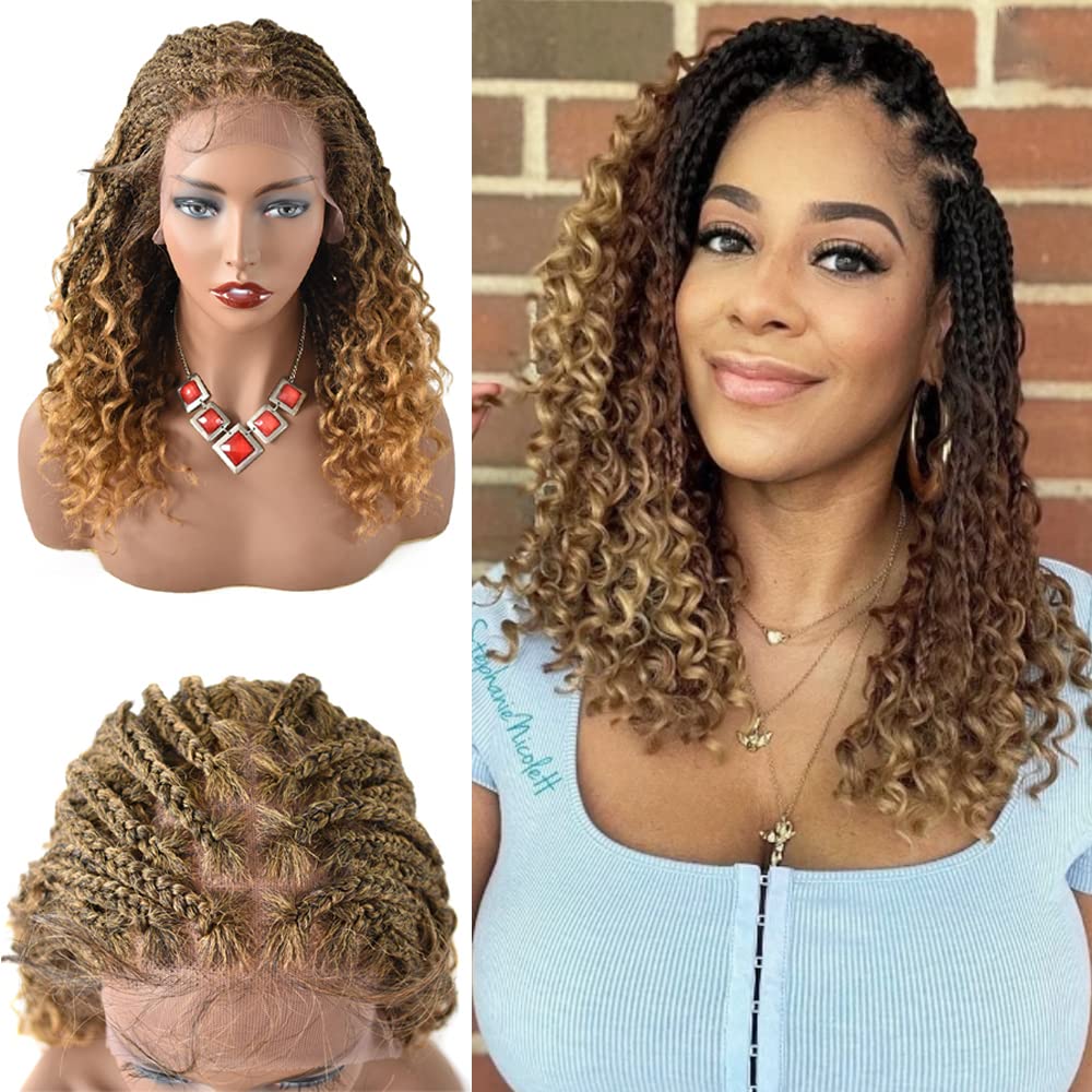 Afro Curly Swiss Lace Front Knotless Cornrow Box Braided Wigs For Women With Baby Hair Synthetic Lace Frontal Boho Curls Heat Friendly Crochet Hair (#1B/613T #Black/Blonde T)