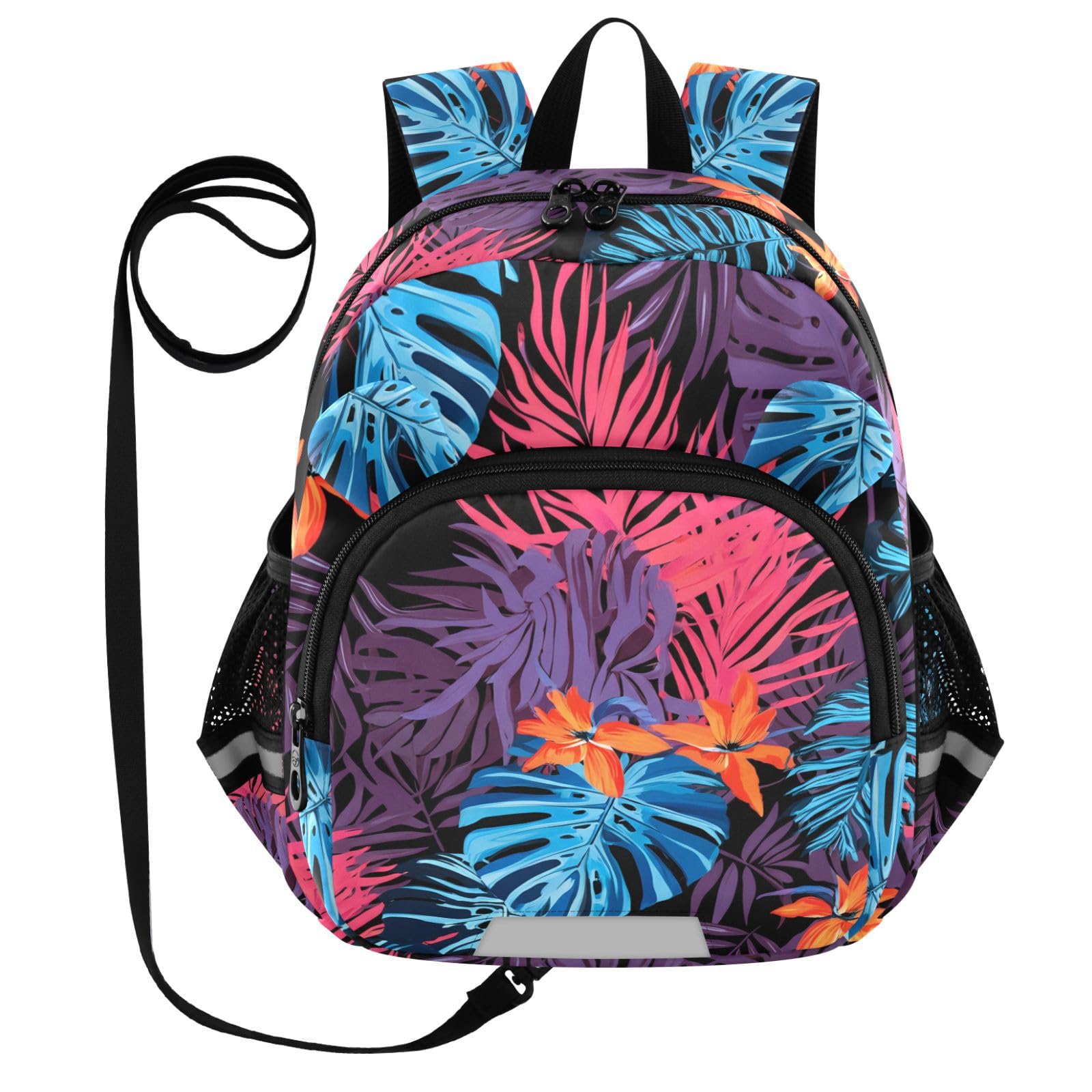 Monstera Flower Fronds Dark Toddler Harness Backpack for Boys Girls 3-6 Years Kids Backpack with Anti Lost Safety Leash Baby Travel Bag for Travel Walking Preschool
