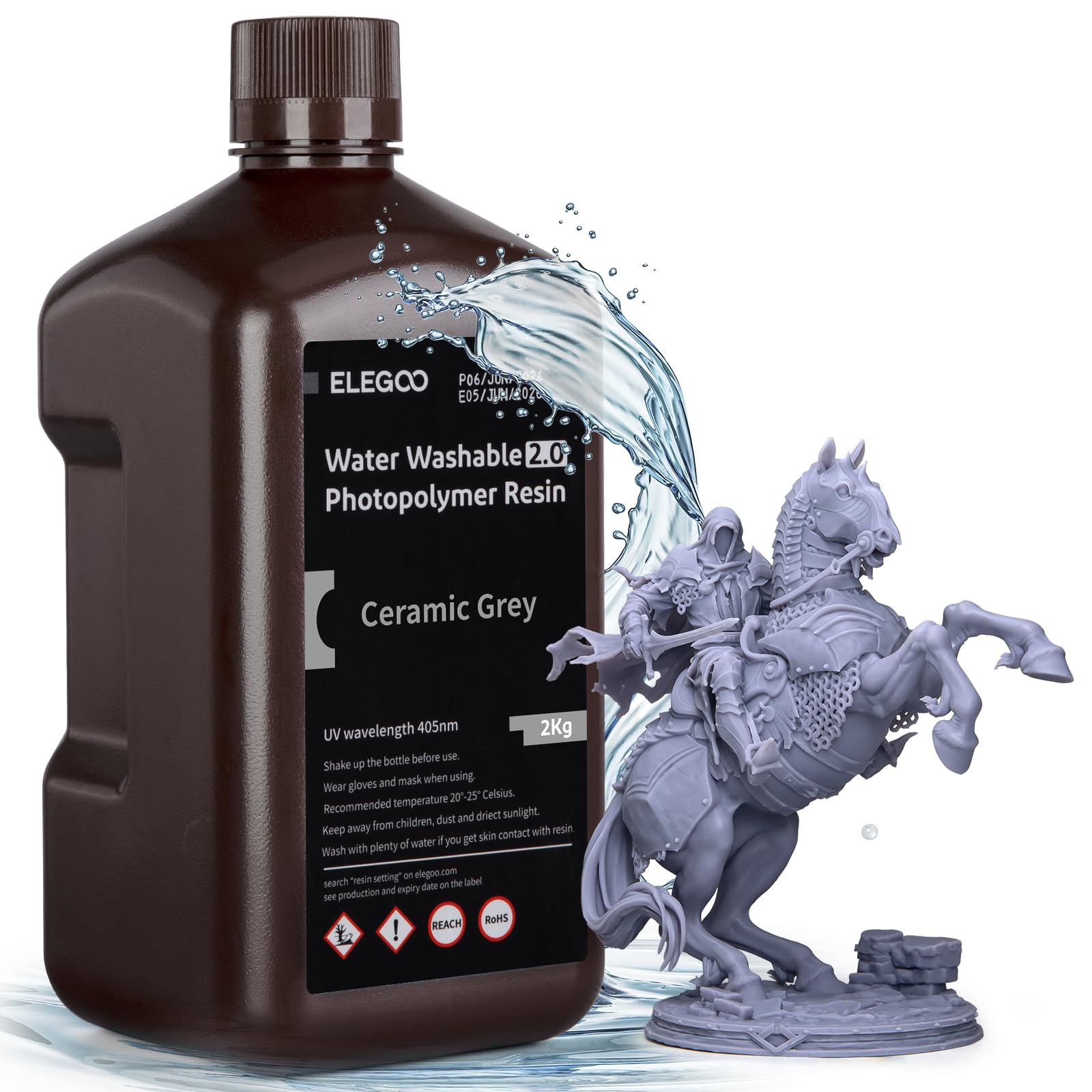 ELEGOO Resina Lavable con Agua 2.0 Resina UV Rápida 395-405nm Resina de Impresión 3D de Fotopolímero para Impresora 3D LCD/DLP/SLA, 2000Gram Gris Arcilla