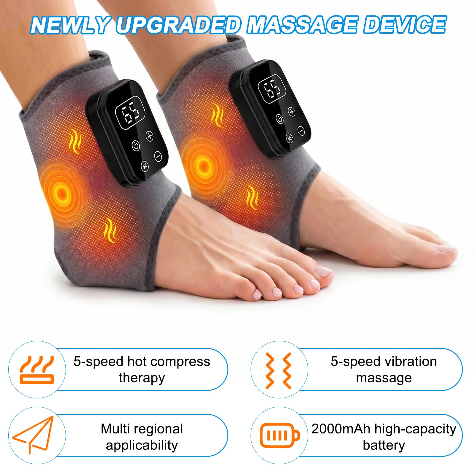 Lot de 2 masseurs de pieds avec chaleur et massage, sans fil, rechargeables avec compression, intensité réglable pour soulager la fatigue des pieds, gris