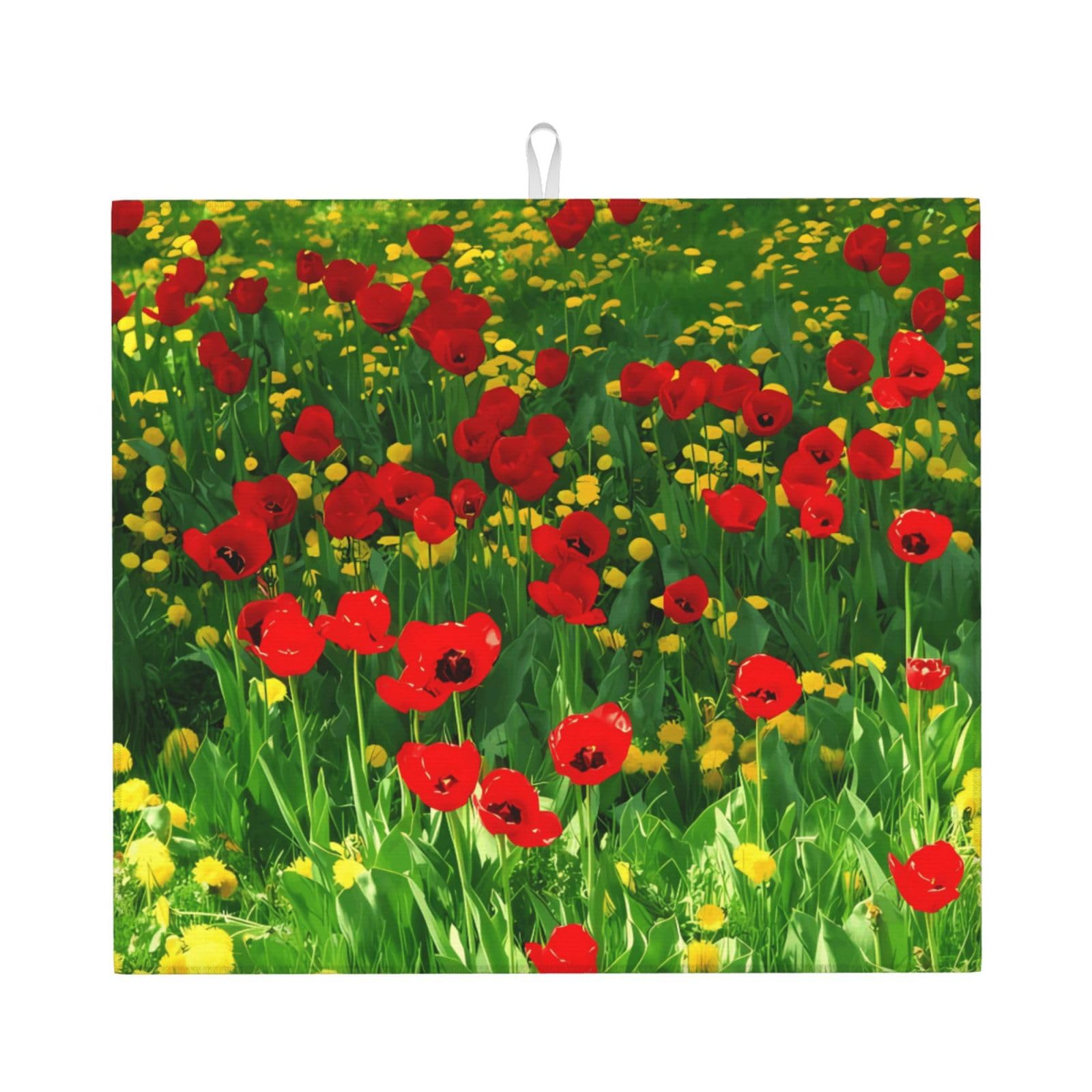 WHJSSF Red Poppy Field Farm Meadow Landscape Prints Kitchen Drying Mat - Absorbent Dish Drying Throw with Colorful Prints, Quick-Dry Countertop Layer for Dishes & Appliances - Non-Slip & Foldable