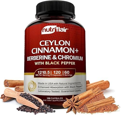 NutriFlair Canela de Ceilán Plus cromo, berberina y pimienta negra 1200 mg, 120 cápsulas
