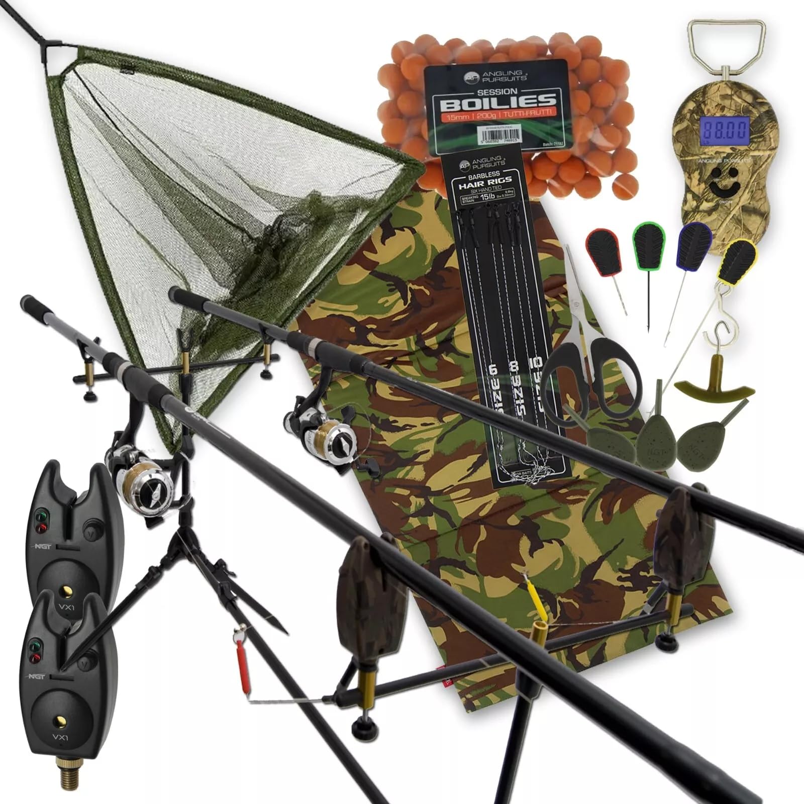 Carp Fishing Combo Kit 2x 12ft Rods 2.75lb, 2x Reels, Rod Pod, Bite Alarms, 42" Landing Net with Handle, Unhooking Mat, Tackle & Bait